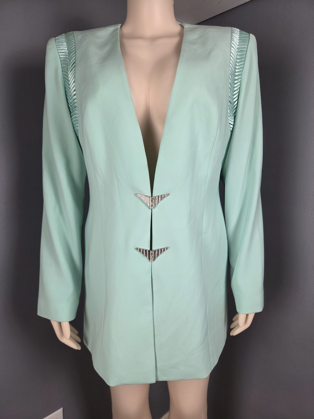 Women’s Mint Green Longline Blazer with Decorative Closures